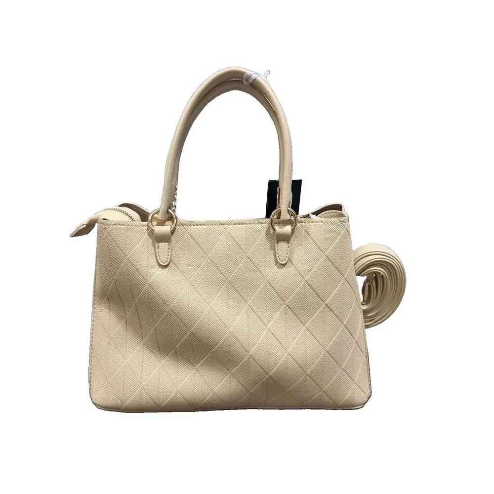 La Terre Beige Embossed Diamond Satchel Handbag Gold Tone Hardware NWT